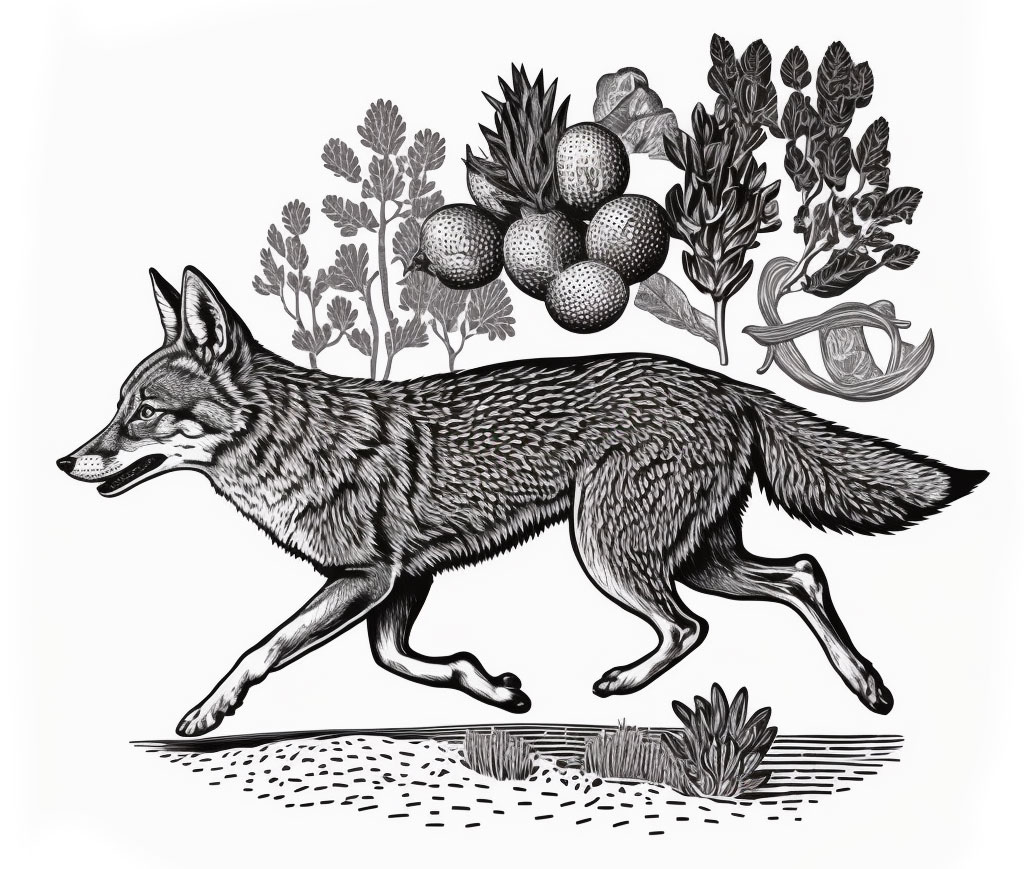 Coyote &mdash; illustration of a running coyote with desert plants