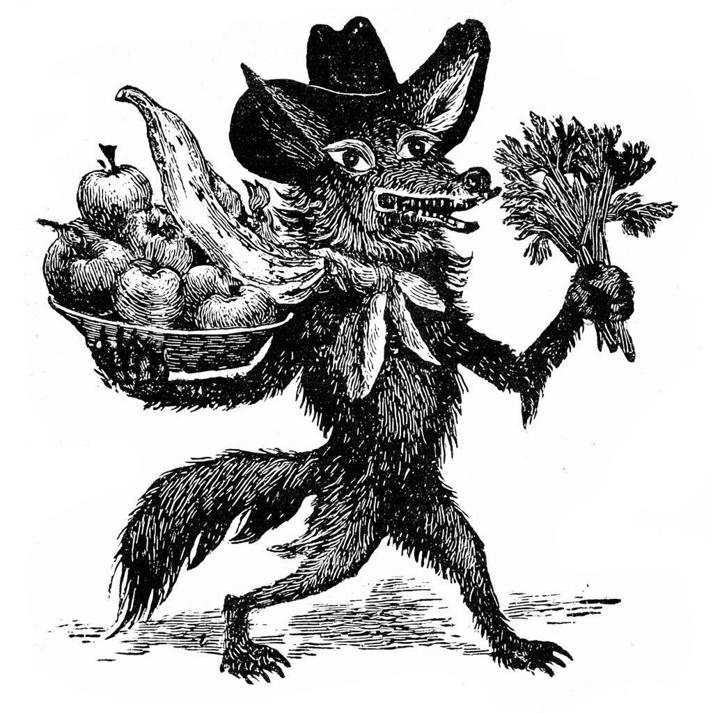 Ballet Bravo &mdash; woodcut-style illustration of a coyote wearing a cowboy hat, carrying a basket of fruit and vegetables